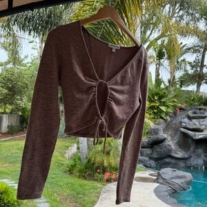 Brown Ribbed Tie-Front Top thrifted cute trendy aesthetic cropped crop top